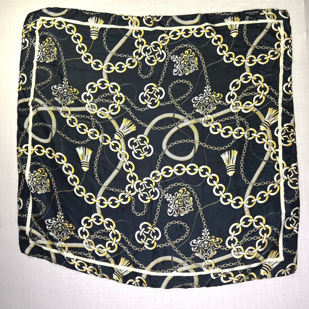 Marcus Adler Scarf 33" Square Black Gold Elegant Polyester Chain Tassel Print NY
